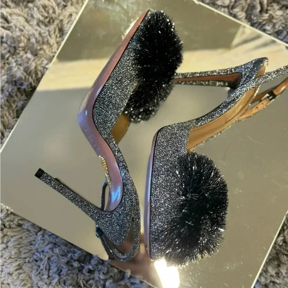 AQUAZZURA SILVER POMPOM SLINGBACK SANDALS - Picture 9 of 10